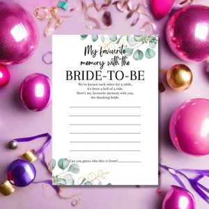 Favourite Memory with the Bride Game | A5 Printed Hen Party Activity | Keepsake Card | Bridal Shower Game | Eucalyptus Design