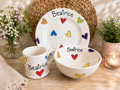 Personalised Ceramic Dinner Set – Hand Painted Plate, Bowl & Mug
