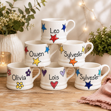 Load image into Gallery viewer, Personalised Ceramic Mug – Hand Painted Hearts, Stars, Flowers or Spots – Custom Name Cup