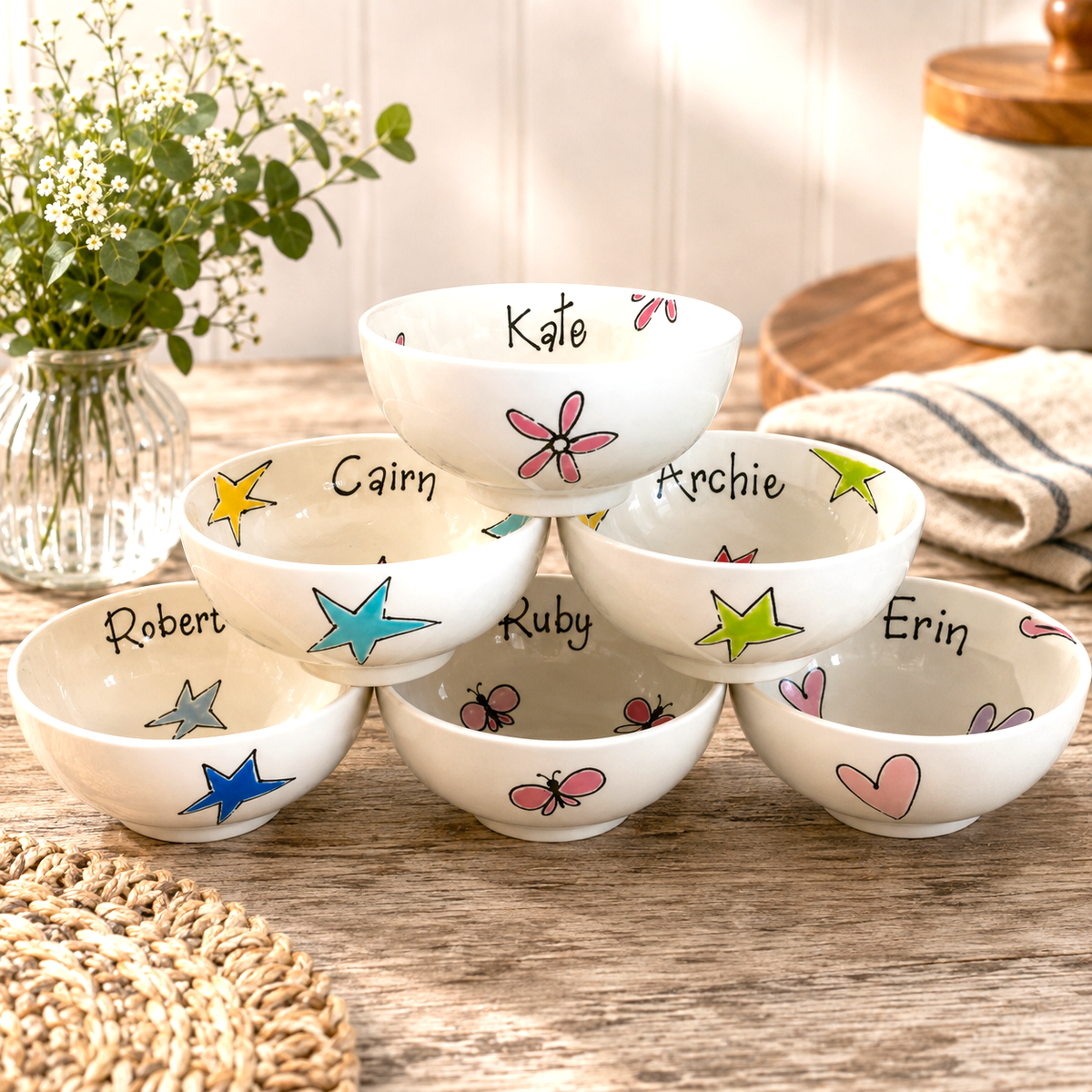 Personalised Ceramic Bowl – Hand Painted Hearts, Stars, Flowers or Spots