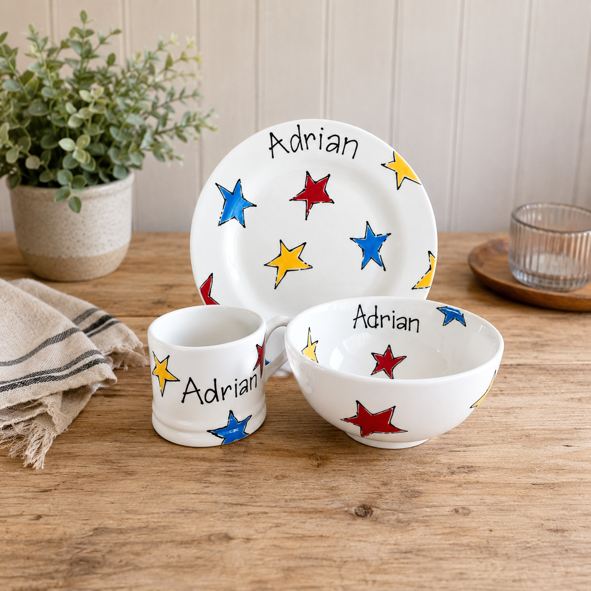 Personalised Ceramic Dinner Set – Hand Painted Plate, Bowl & Mug