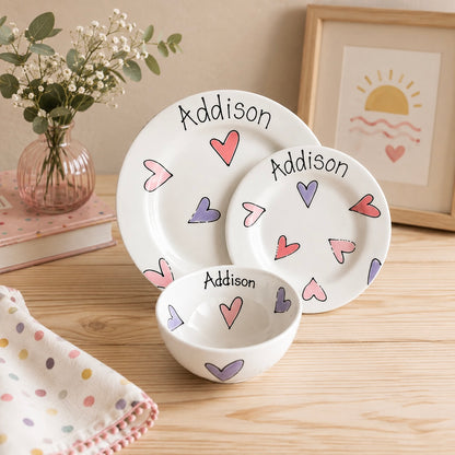 Personalised Ceramic Dinner Set – 2 Plates & Bowl – Hand Painted