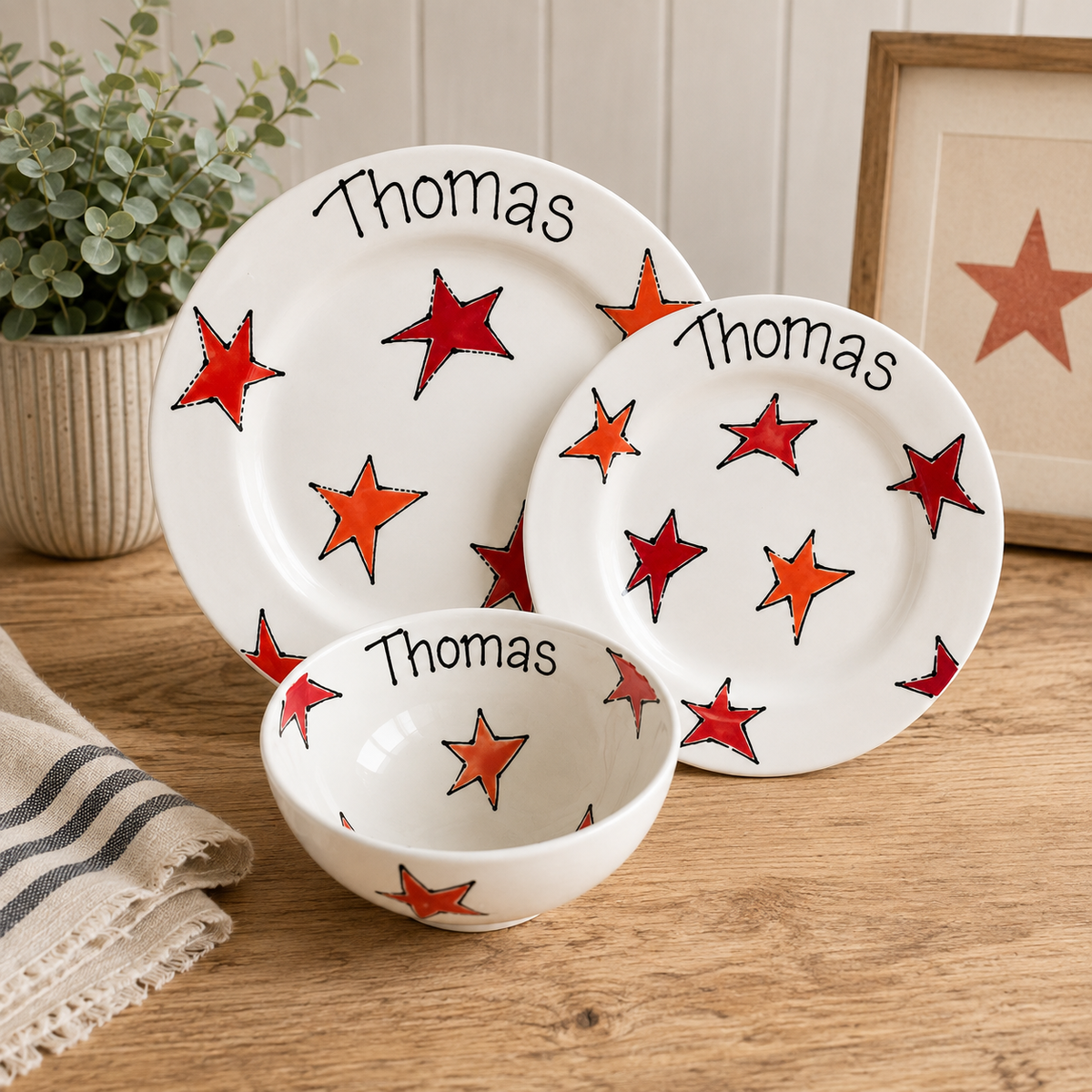 Personalised Ceramic Dinner Set – 2 Plates & Bowl – Hand Painted