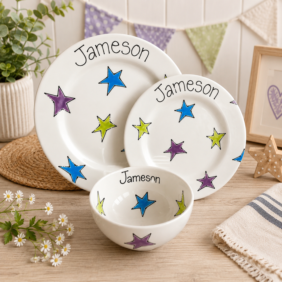 Personalised Ceramic Dinner Set – 2 Plates & Bowl – Hand Painted
