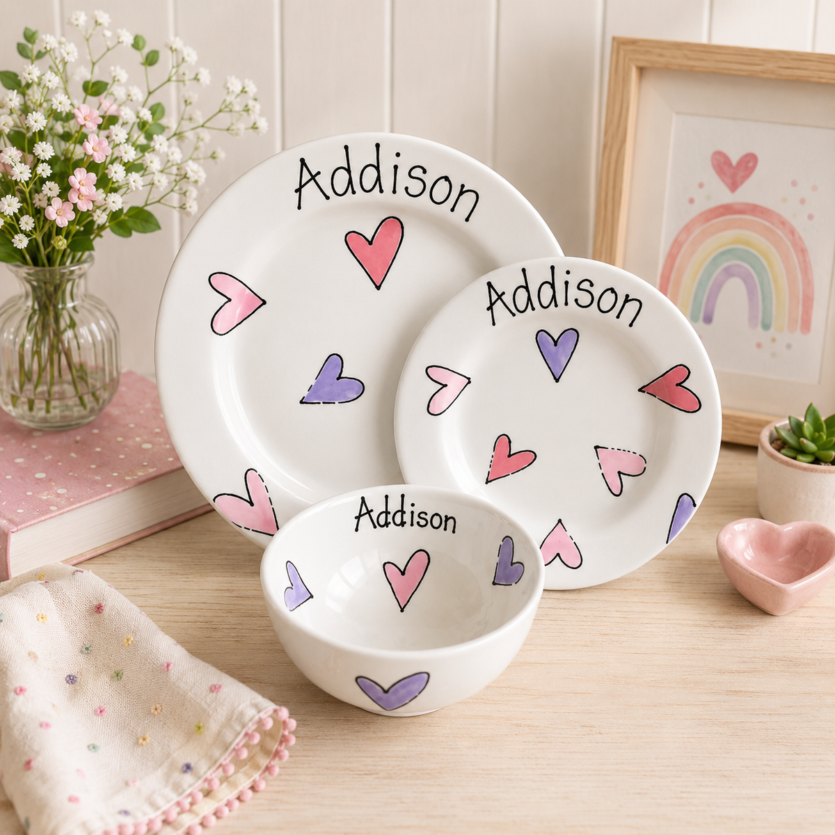 Personalised Ceramic Dinner Set – 2 Plates & Bowl – Hand Painted