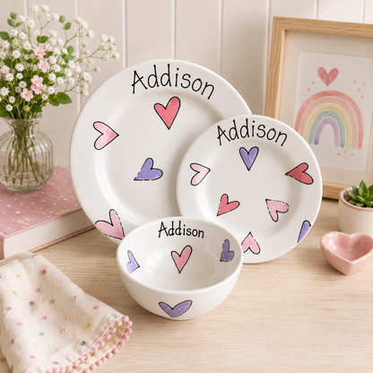 Personalised Ceramic Dinner Set – 2 Plates & Bowl – Hand Painted