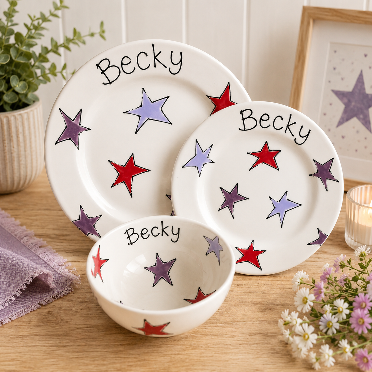 Personalised Ceramic Dinner Set – 2 Plates & Bowl – Hand Painted