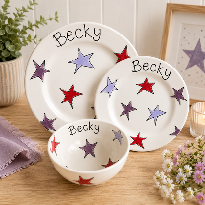 Personalised Ceramic Dinner Set – 2 Plates & Bowl – Hand Painted