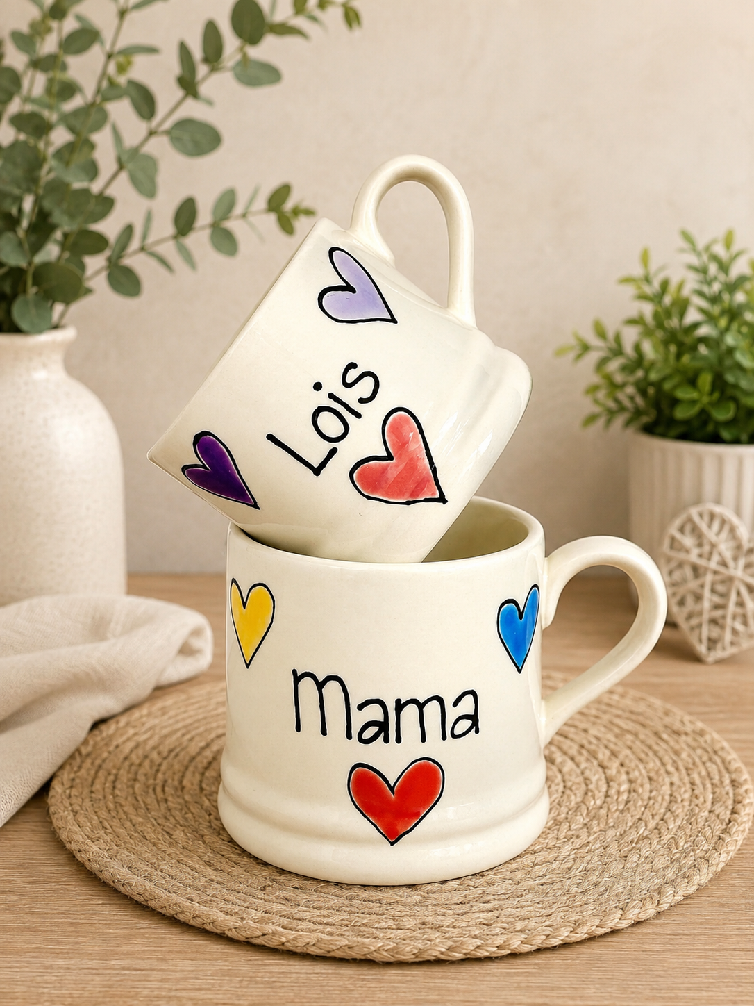 Personalised Ceramic Mug – Hand Painted Hearts, Stars, Flowers or Spots – Custom Name Cup