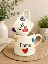 Load image into Gallery viewer, Personalised Ceramic Mug – Hand Painted Hearts, Stars, Flowers or Spots – Custom Name Cup