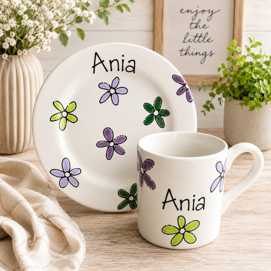 Personalised Ceramic Plate & Mug Set – Hand Painted Matching Gift