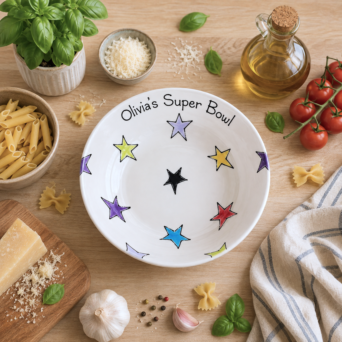 Personalised Ceramic Pasta Bowl – Hand Painted Kids & Adults