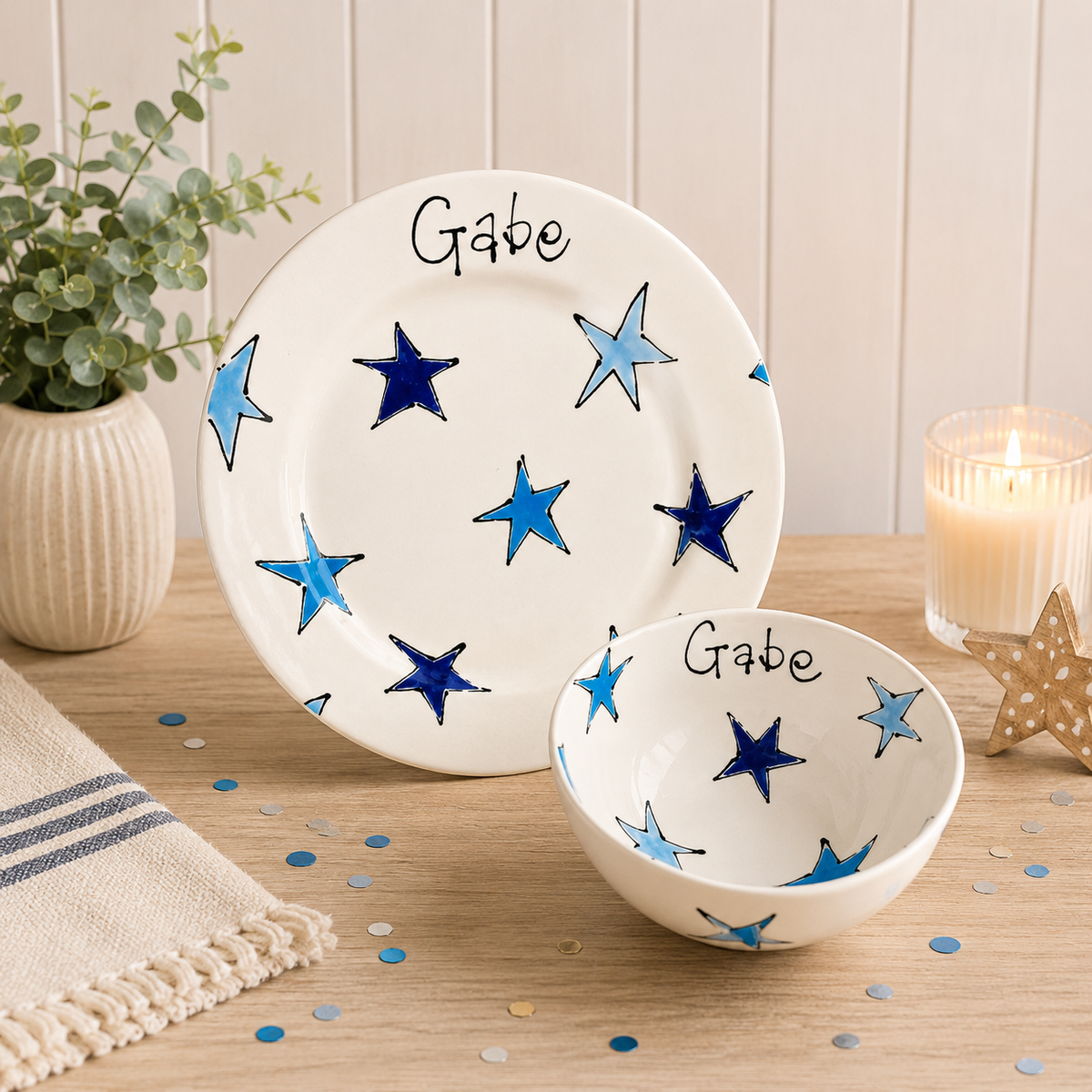 Personalised Ceramic Plate & Bowl Set – Hand Painted Matching Set