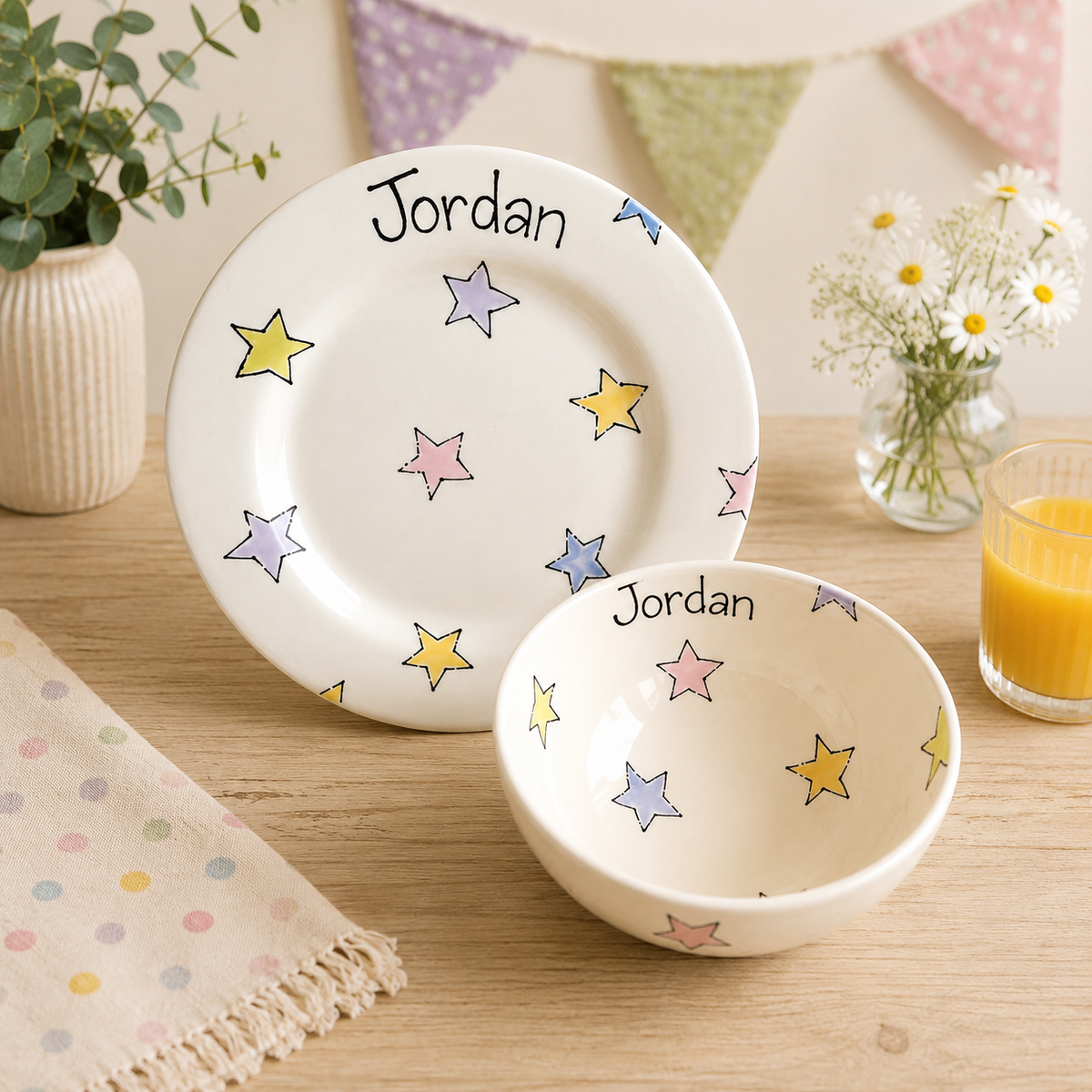 Personalised Ceramic Plate & Bowl Set – Hand Painted Matching Set