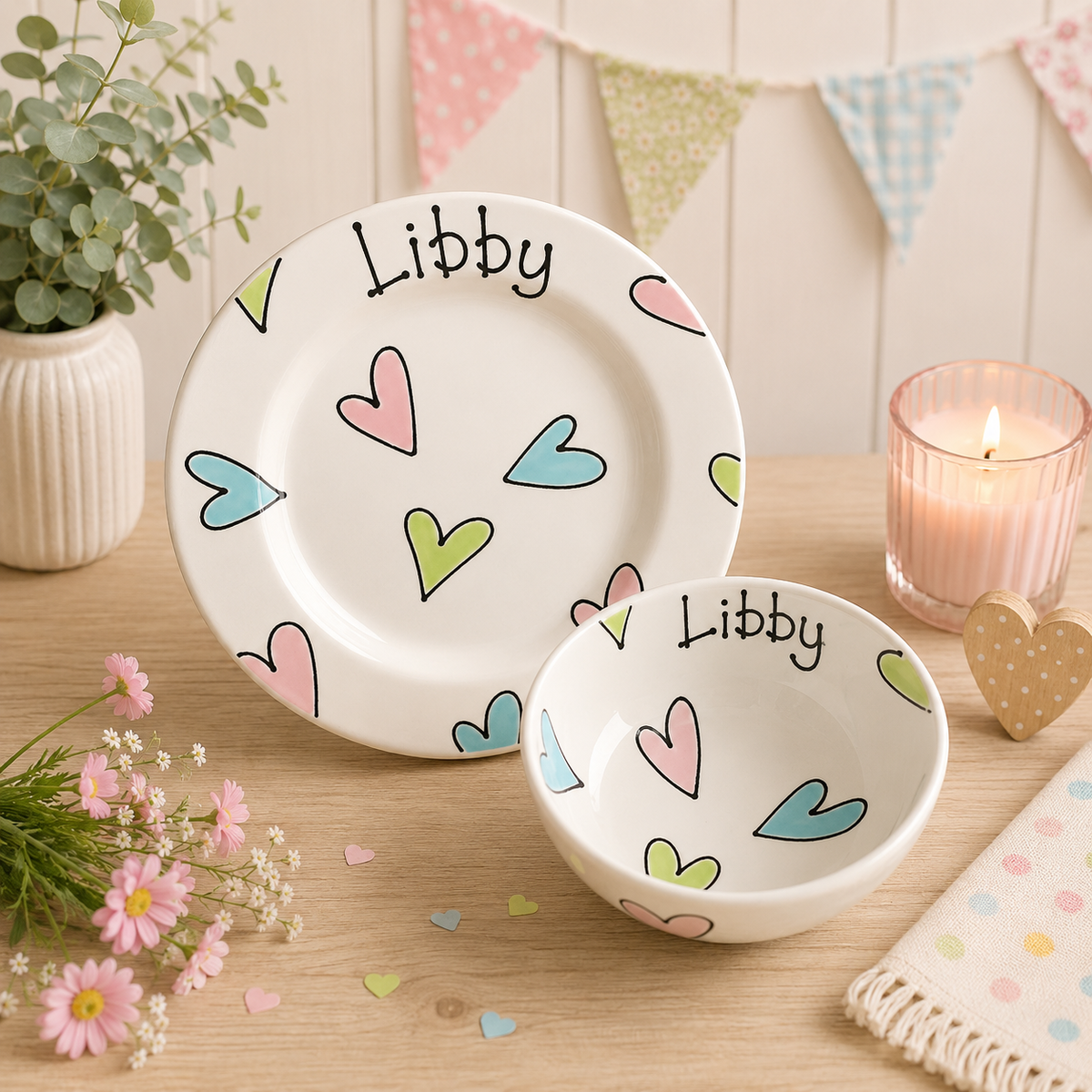 Personalised Ceramic Plate & Bowl Set – Hand Painted Matching Set