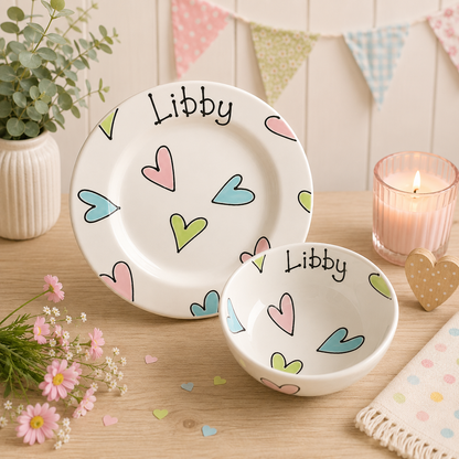 Personalised Ceramic Plate & Bowl Set – Hand Painted Matching Set