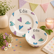 Load image into Gallery viewer, Personalised Ceramic Plate &amp; Bowl Set – Hand Painted Matching Set