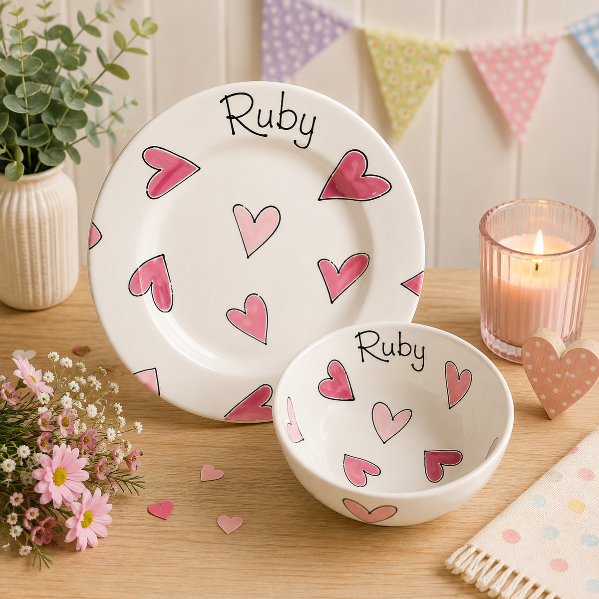Personalised Ceramic Plate & Bowl Set – Hand Painted Matching Set