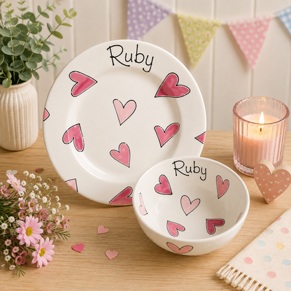 Personalised Ceramic Plate & Bowl Set – Hand Painted Matching Set