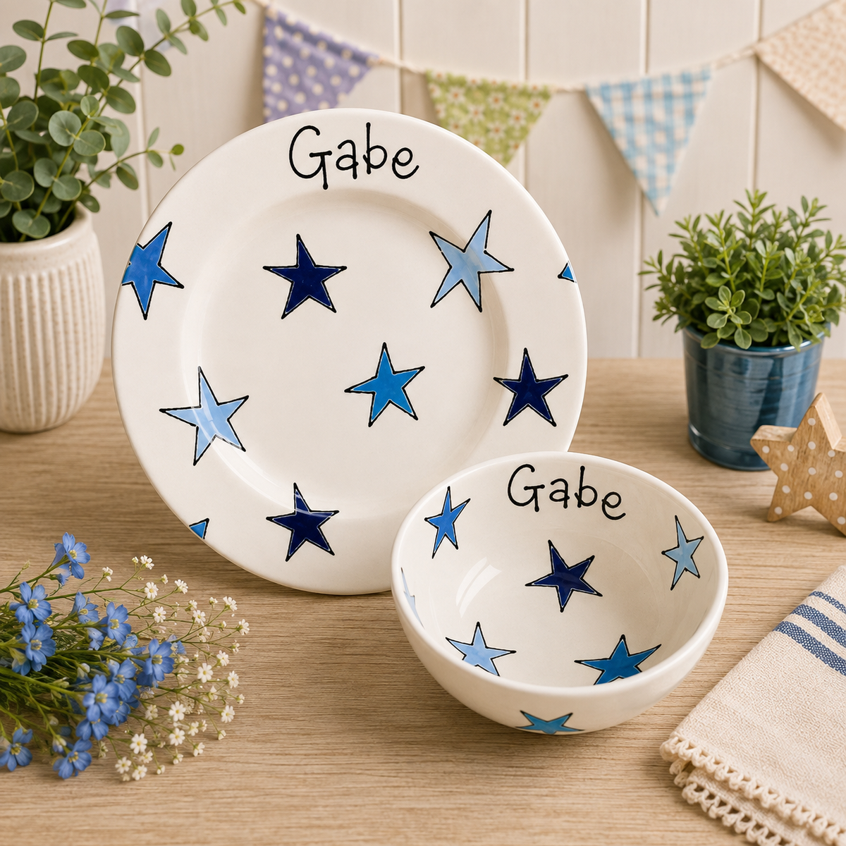 Personalised Ceramic Plate & Bowl Set – Hand Painted Matching Set