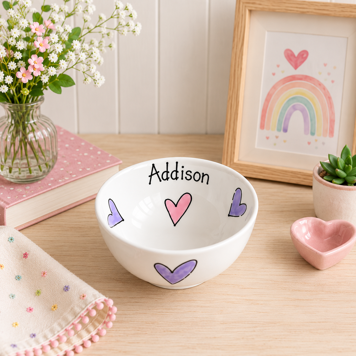 Personalised Ceramic Bowl – Hand Painted Hearts, Stars, Flowers or Spots