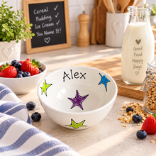 Load image into Gallery viewer, Personalised Ceramic Bowl – Hand Painted Hearts, Stars, Flowers or Spots