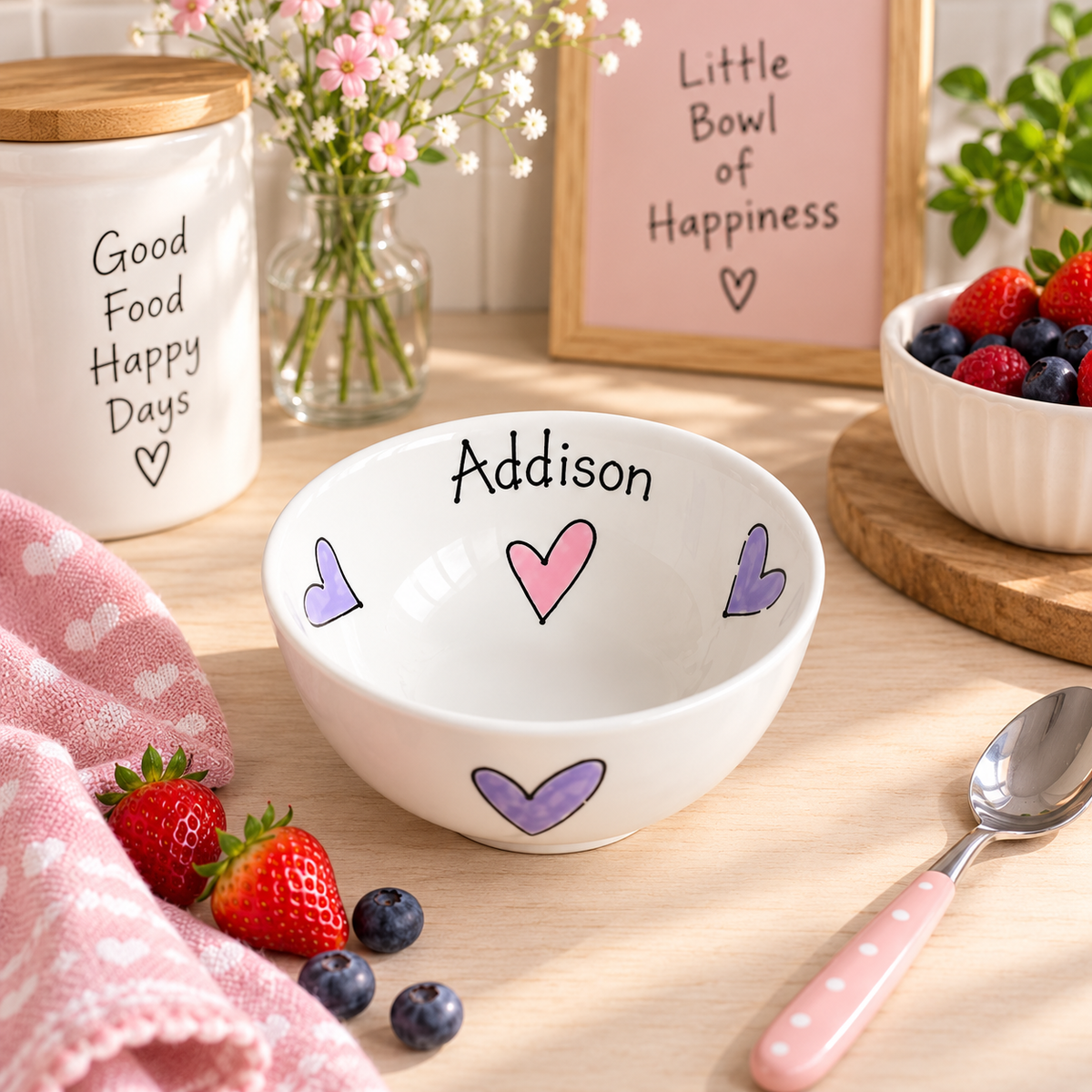 Personalised Ceramic Bowl – Hand Painted Hearts, Stars, Flowers or Spots