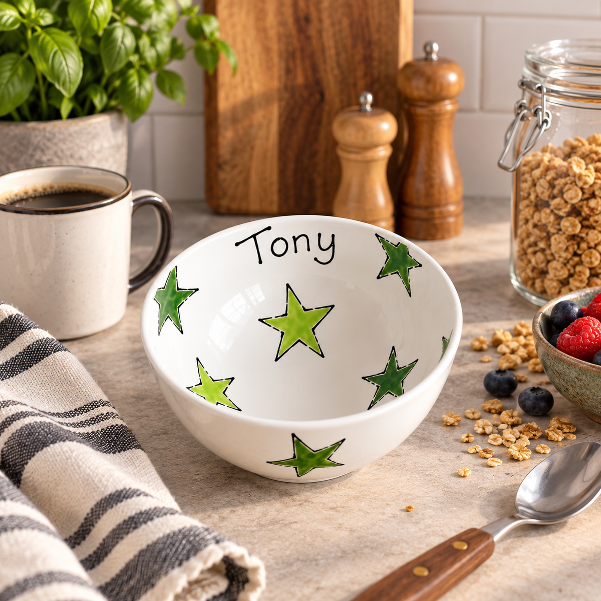 Personalised Ceramic Bowl – Hand Painted Hearts, Stars, Flowers or Spots