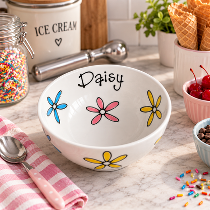 Personalised Ceramic Bowl – Hand Painted Hearts, Stars, Flowers or Spots