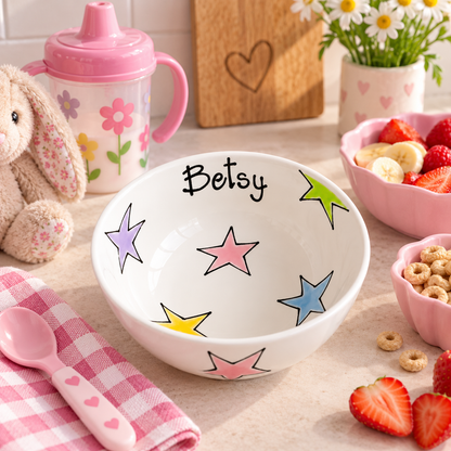 Personalised Ceramic Bowl – Hand Painted Hearts, Stars, Flowers or Spots