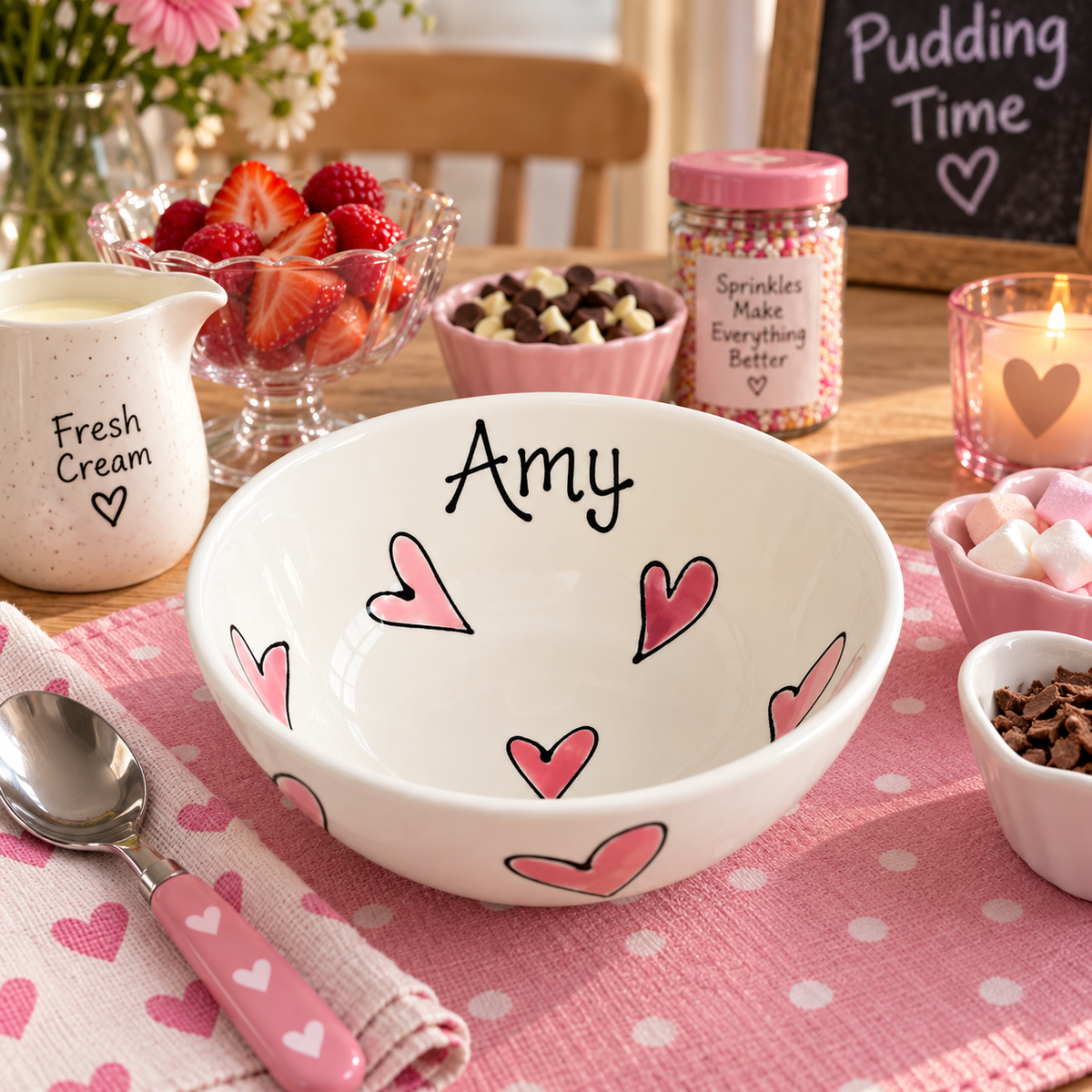 Personalised Ceramic Bowl – Hand Painted Hearts, Stars, Flowers or Spots