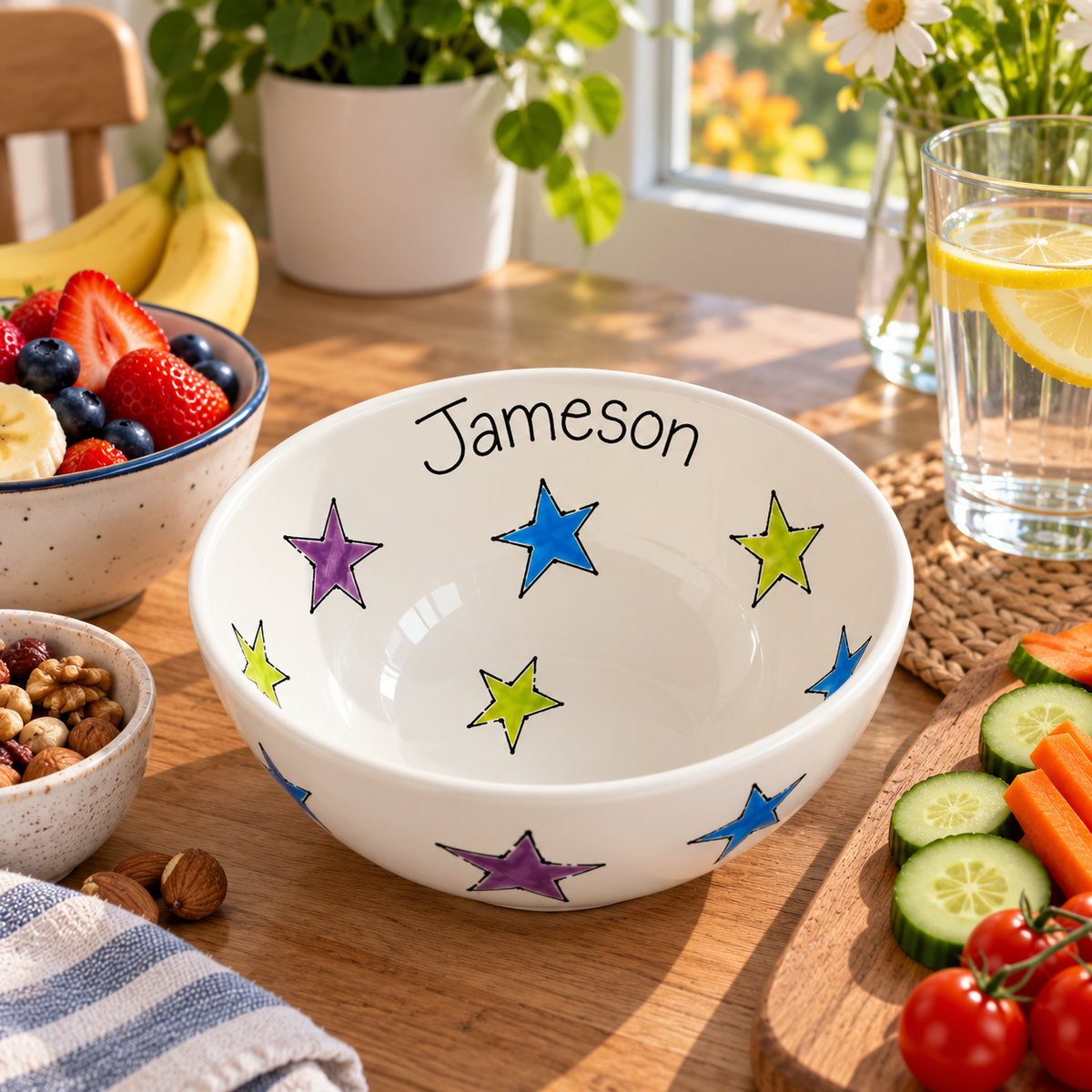 Personalised Ceramic Bowl – Hand Painted Hearts, Stars, Flowers or Spots