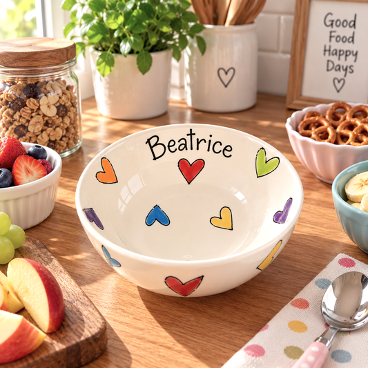 Personalised Ceramic Bowl – Hand Painted Hearts, Stars, Flowers or Spots
