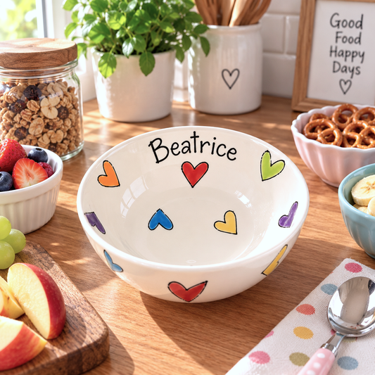Personalised Ceramic Bowl – Hand Painted Hearts, Stars, Flowers or Spots
