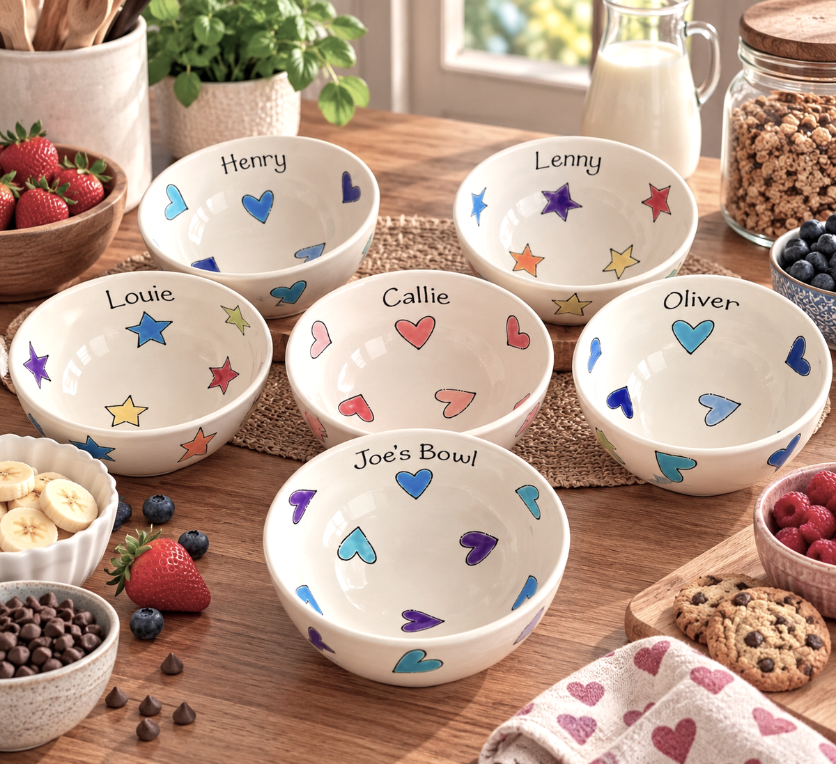 Personalised Ceramic Bowl – Hand Painted Hearts, Stars, Flowers or Spots