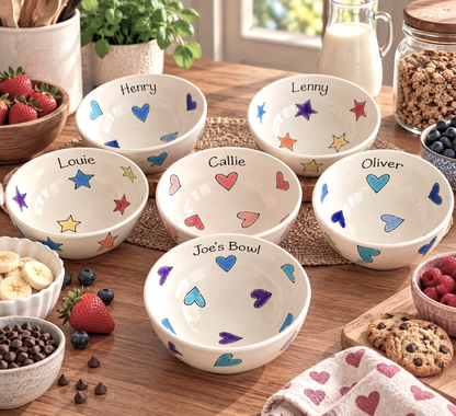 Personalised Ceramic Bowl – Hand Painted Hearts, Stars, Flowers or Spots