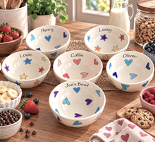 Load image into Gallery viewer, Personalised Ceramic Bowl – Hand Painted Hearts, Stars, Flowers or Spots