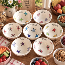 Load image into Gallery viewer, Personalised Ceramic Bowl – Hand Painted Hearts, Stars, Flowers or Spots