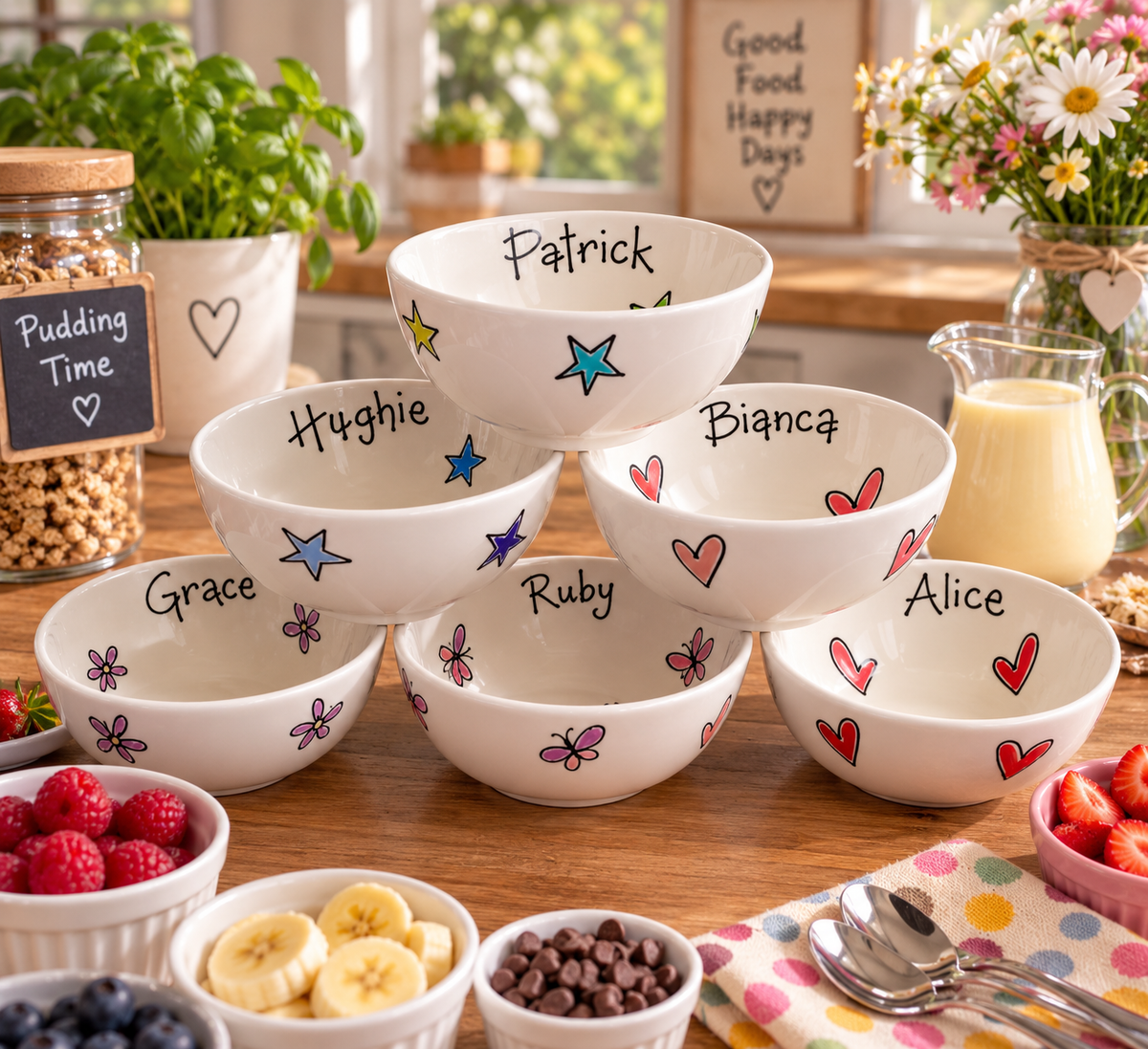 Personalised Ceramic Bowl – Hand Painted Hearts, Stars, Flowers or Spots