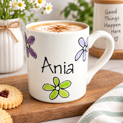Personalised Ceramic Mug – Hand Painted Hearts, Stars, Flowers or Spots – Custom Name Cup