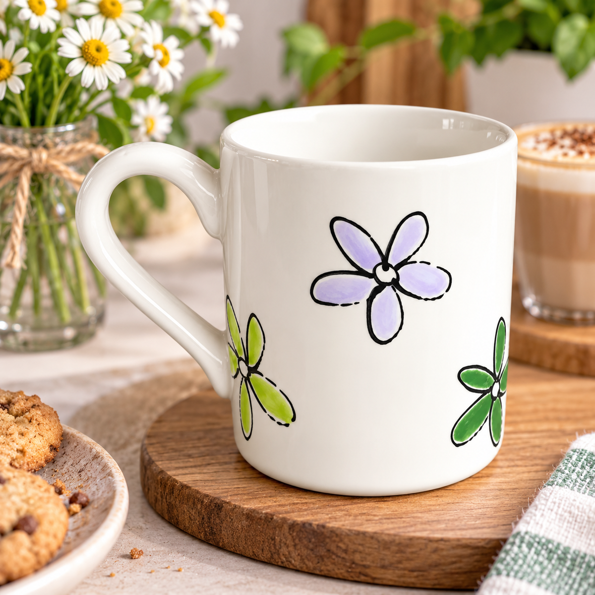 Personalised Ceramic Mug – Hand Painted Hearts, Stars, Flowers or Spots – Custom Name Cup
