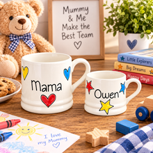 Load image into Gallery viewer, Personalised Ceramic Mug – Hand Painted Hearts, Stars, Flowers or Spots – Custom Name Cup