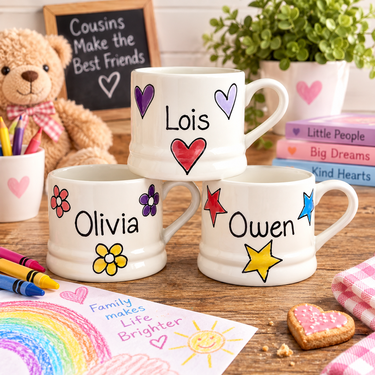 Personalised Ceramic Mug – Hand Painted Hearts, Stars, Flowers or Spots – Custom Name Cup