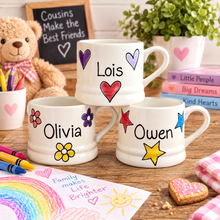 Load image into Gallery viewer, Personalised Ceramic Mug – Hand Painted Hearts, Stars, Flowers or Spots – Custom Name Cup