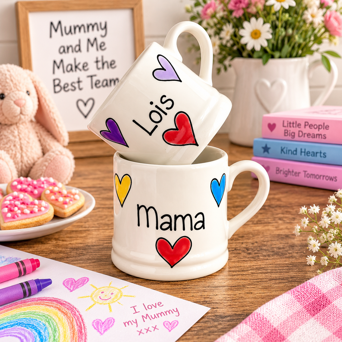 Personalised Ceramic Mug – Hand Painted Hearts, Stars, Flowers or Spots – Custom Name Cup
