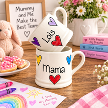 Load image into Gallery viewer, Personalised Ceramic Mug – Hand Painted Hearts, Stars, Flowers or Spots – Custom Name Cup