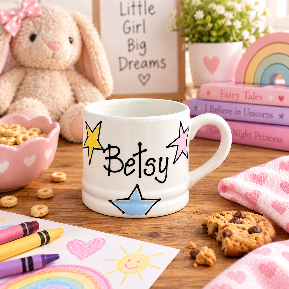 Personalised Ceramic Mug – Hand Painted Hearts, Stars, Flowers or Spots – Custom Name Cup