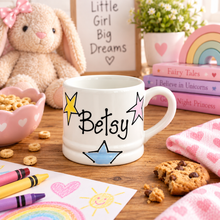 Load image into Gallery viewer, Personalised Ceramic Mug – Hand Painted Hearts, Stars, Flowers or Spots – Custom Name Cup