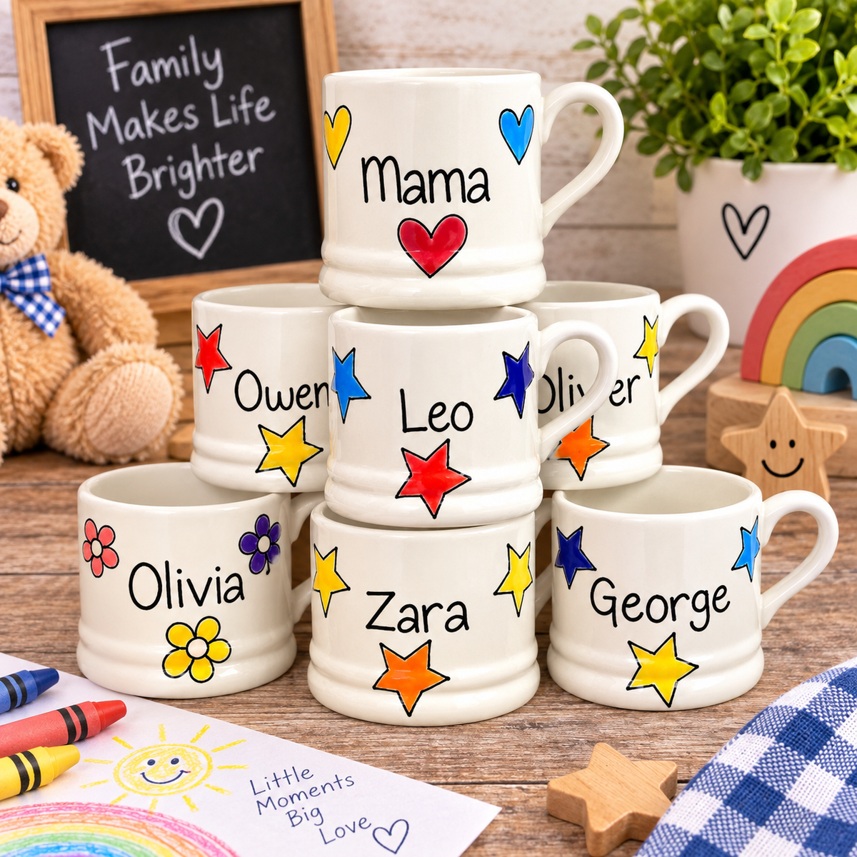 Personalised Ceramic Mug – Hand Painted Hearts, Stars, Flowers or Spots – Custom Name Cup