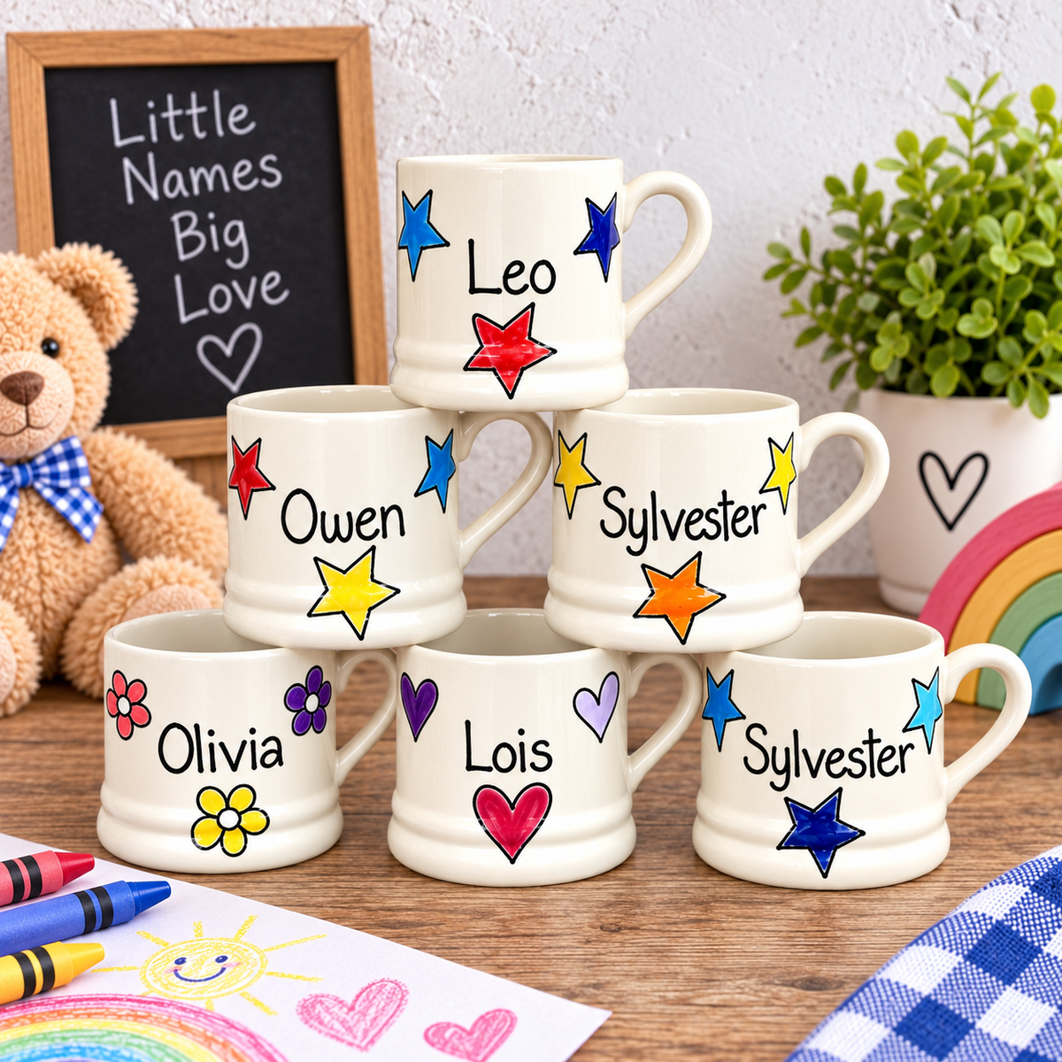 Personalised Ceramic Mug – Hand Painted Hearts, Stars, Flowers or Spots – Custom Name Cup